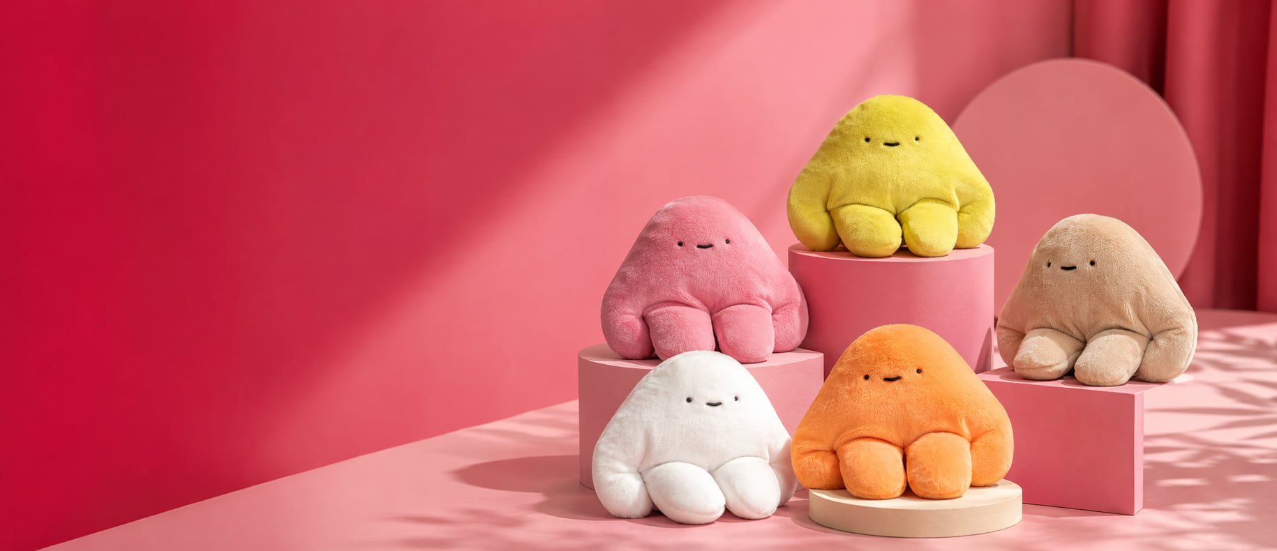 Five plush pipyakas in pink, yellow, orange, white and sand, sitting on pink pedestals against a rosy wall.