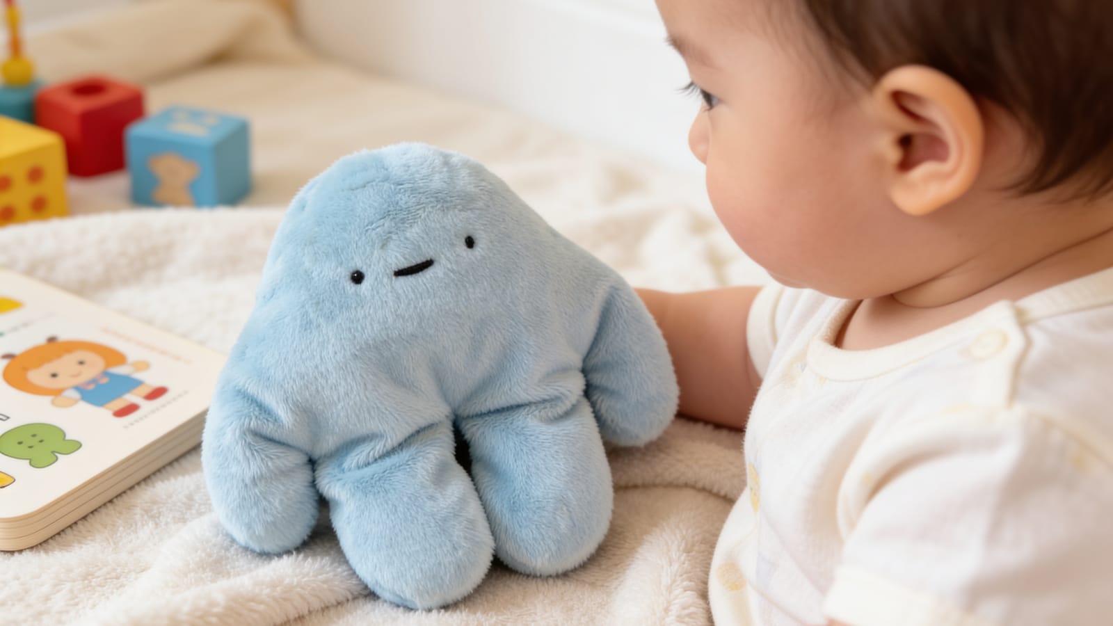 A baby looking at a soft blue pipyaka plush toy on a cream blanket, beside wooden blocks and a board book.