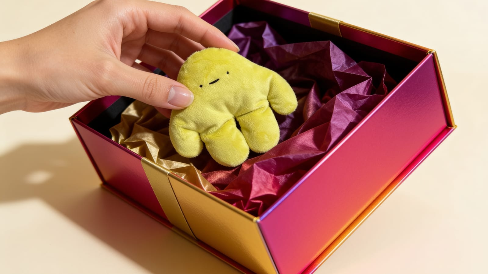 A hand tucking a soft yellow pipyaka plush toy into a magenta and gold gift box lined with tissue paper.
