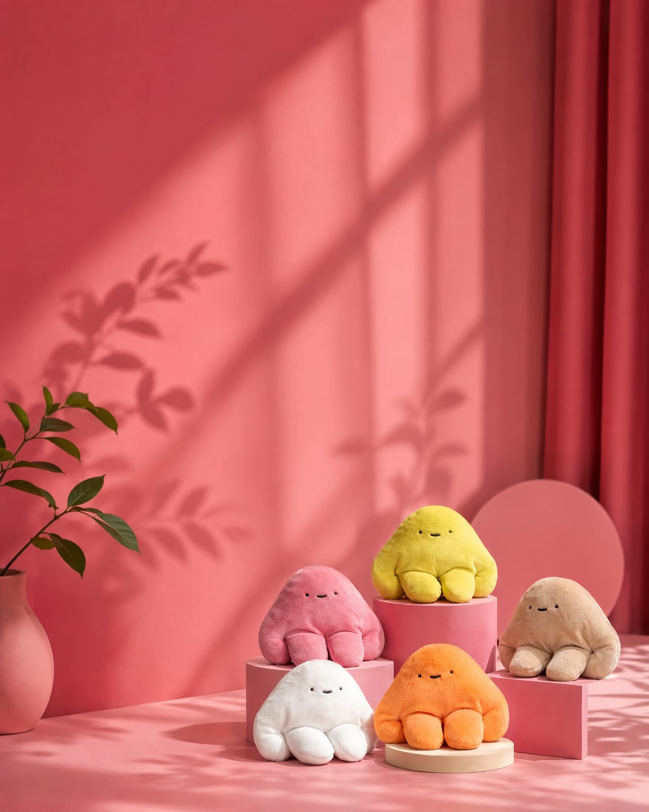 A family of handmade pipyaka plush toys in pink, yellow, tan, white and orange, arranged on rose pedestals.