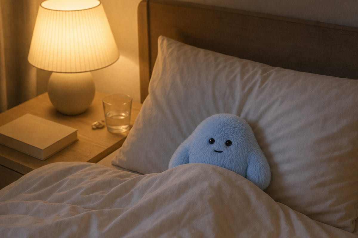 A fluffy blue pipyaka plush tucked into bed under a duvet, resting on a pillow beside a glowing bedside lamp.
