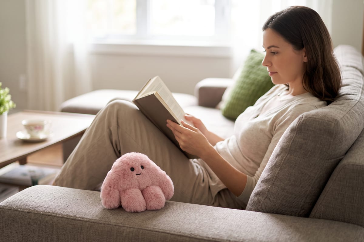 A pink pipyaka plush resting on a couch beside a person reading a book in a bright, sunny living room.