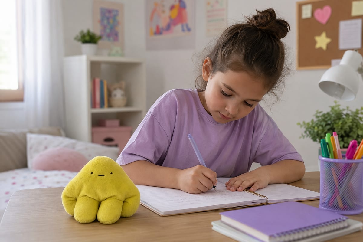 A yellow pipyaka plush sitting on a desk beside a child writing in a notebook, doing homework in a bright bedroom.