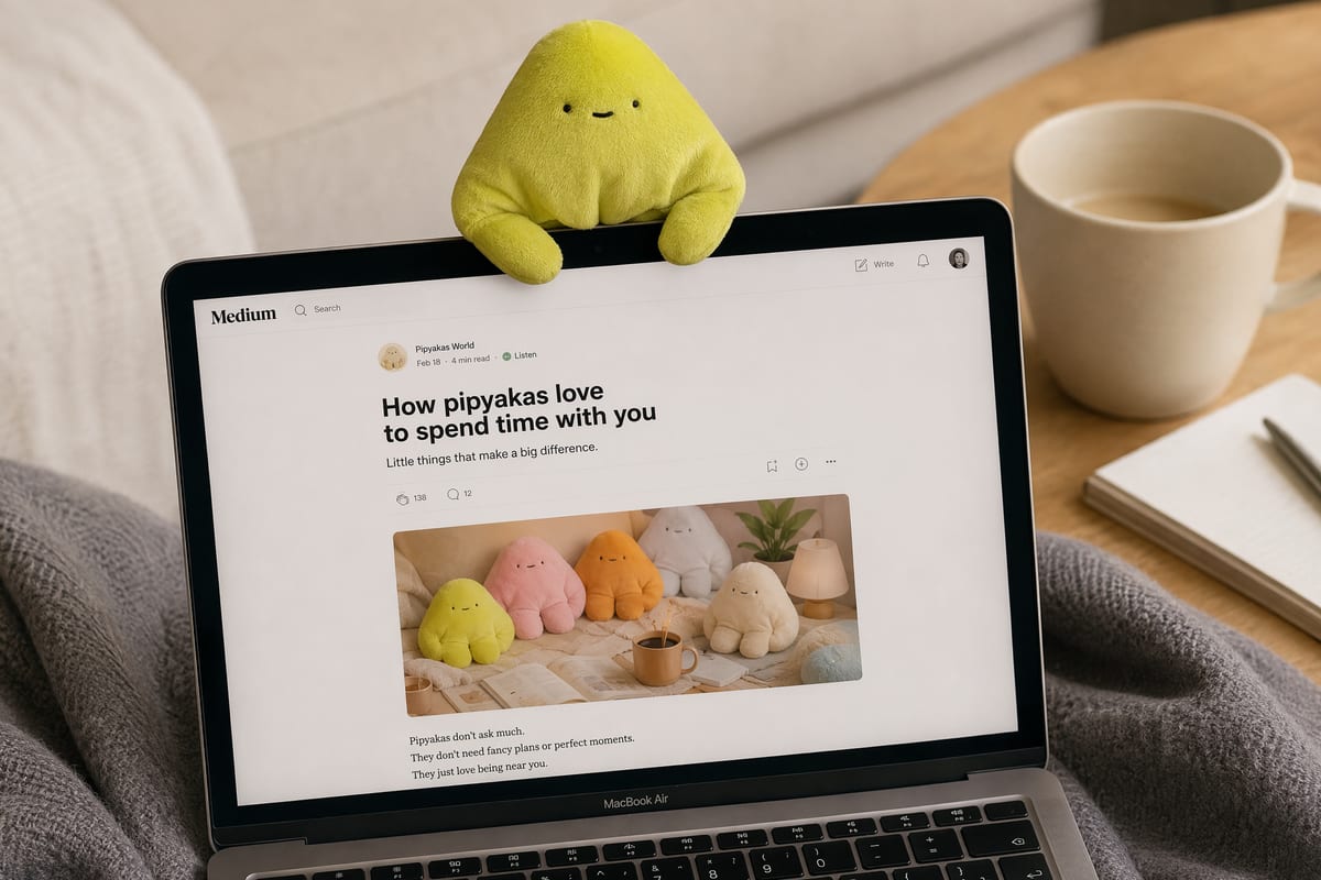 A green pipyaka plush draped over the top of a laptop on a cozy couch, with a soft blanket and a mug of coffee nearby.