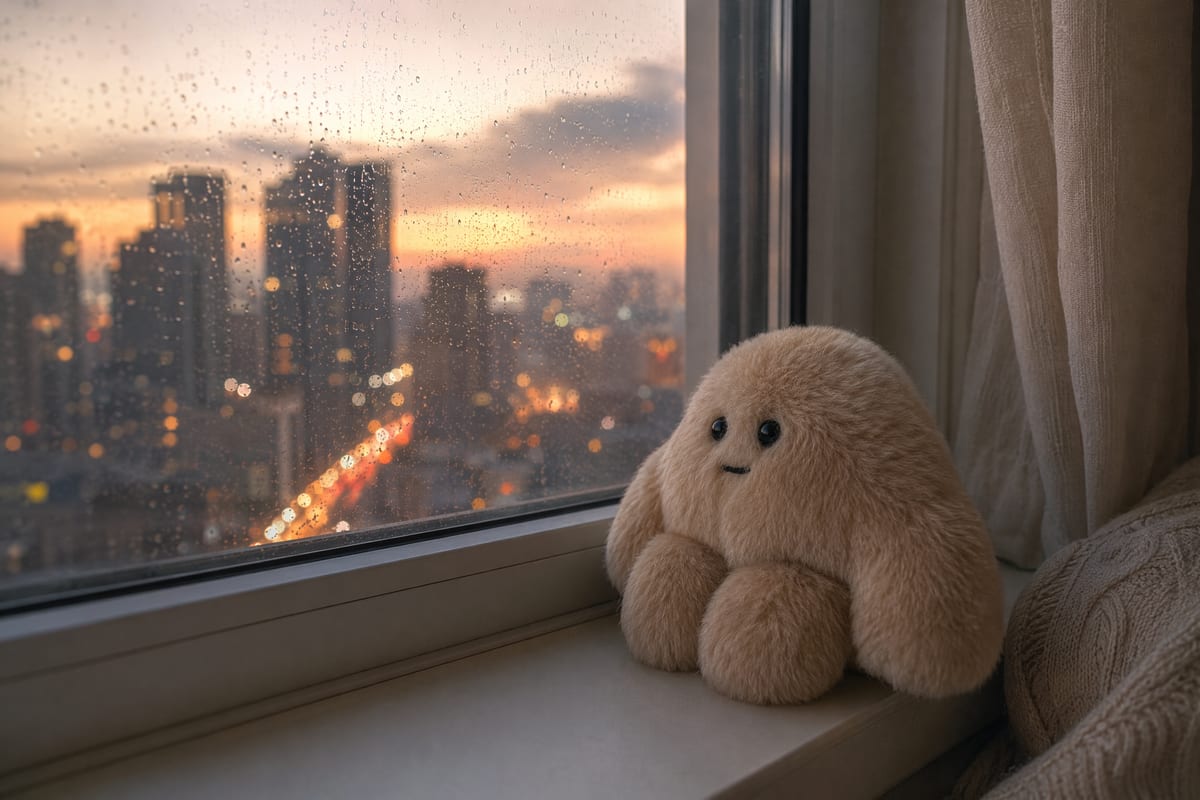 A fluffy tan pipyaka plush sitting on a windowsill, looking out at a rainy city skyline at dusk.